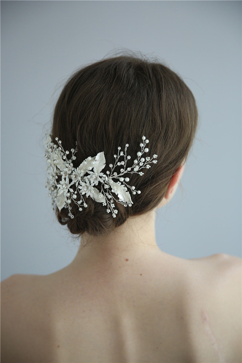 Wedding Silver Leaf Crystals Pearl Flower Barrettes Bridal Hair Clip