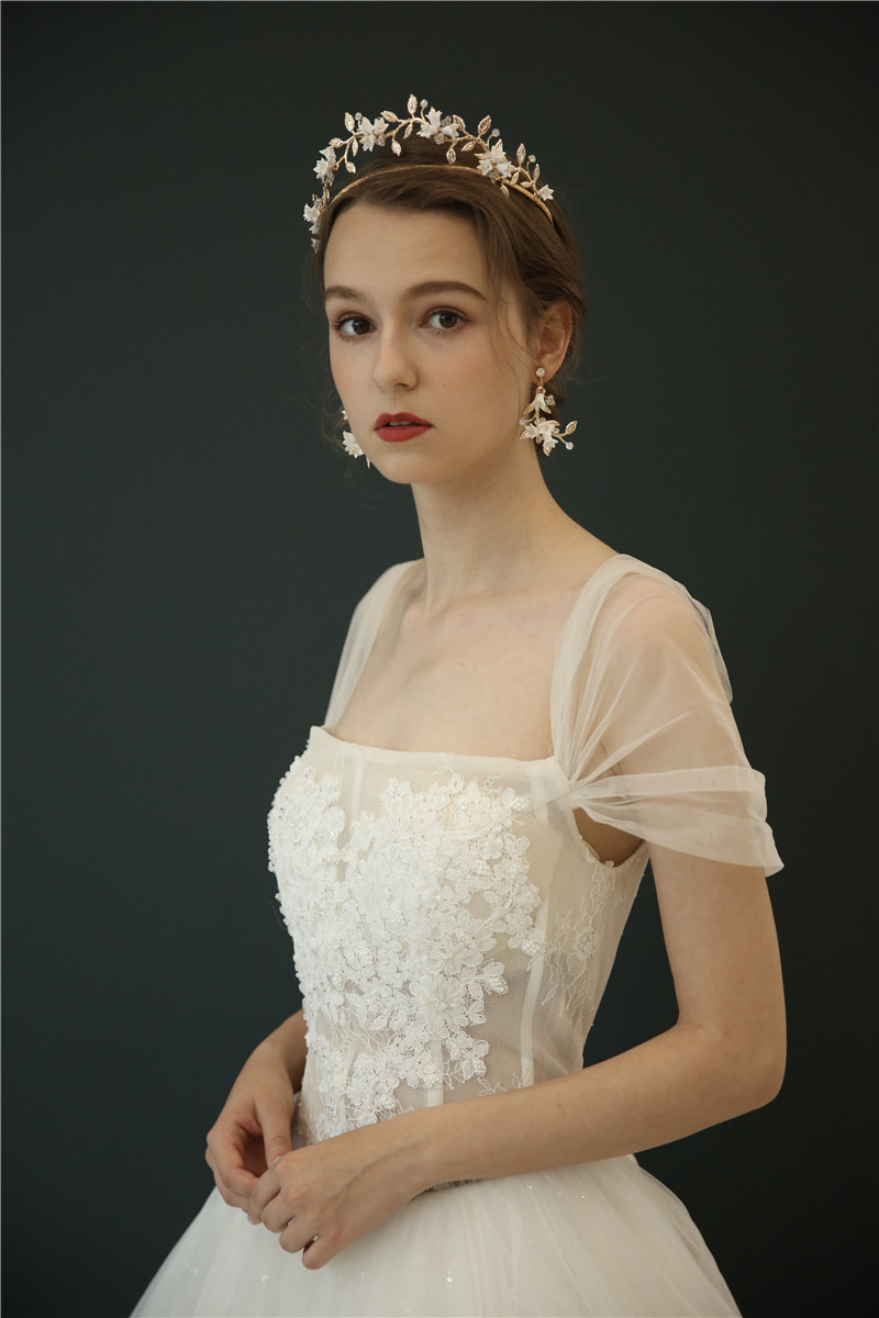 Women Jewelry Tiara Porcelain Flower Crystal Wedding Bride Crown Earring Set