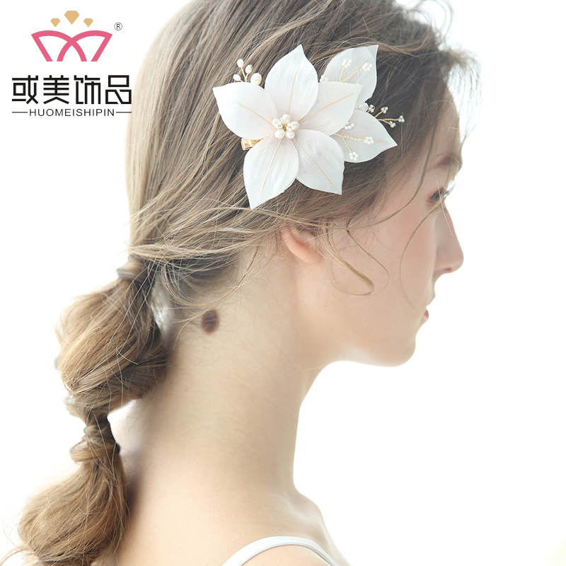 Pink Flower Headband Pearl Wedding Headdress Accessories Jewelry Hair Clip