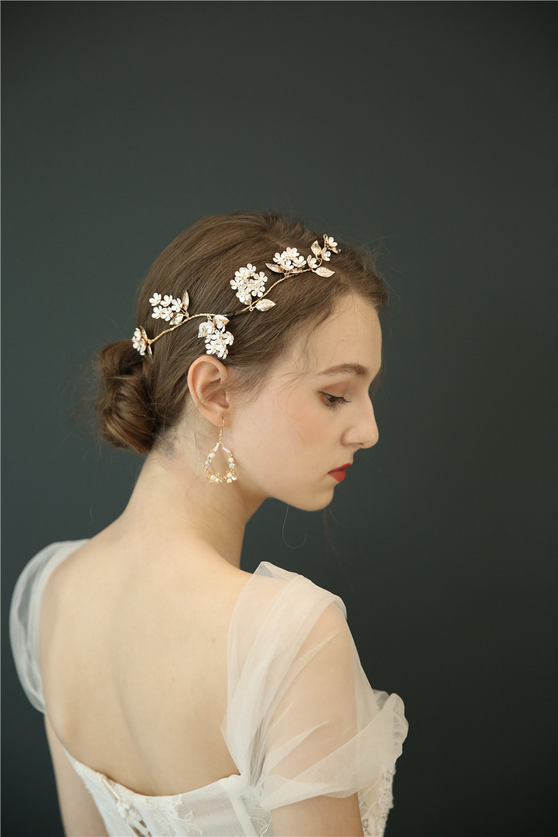 Gold Leaf Headbands Hair Ornaments Earring Bridal Crystal Flower Jewelry Set