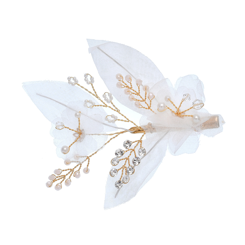 White Silk Leaf Flower Hair Accessories Bridal Crystal Wedding Pearl Women Barrette Hair Clips 