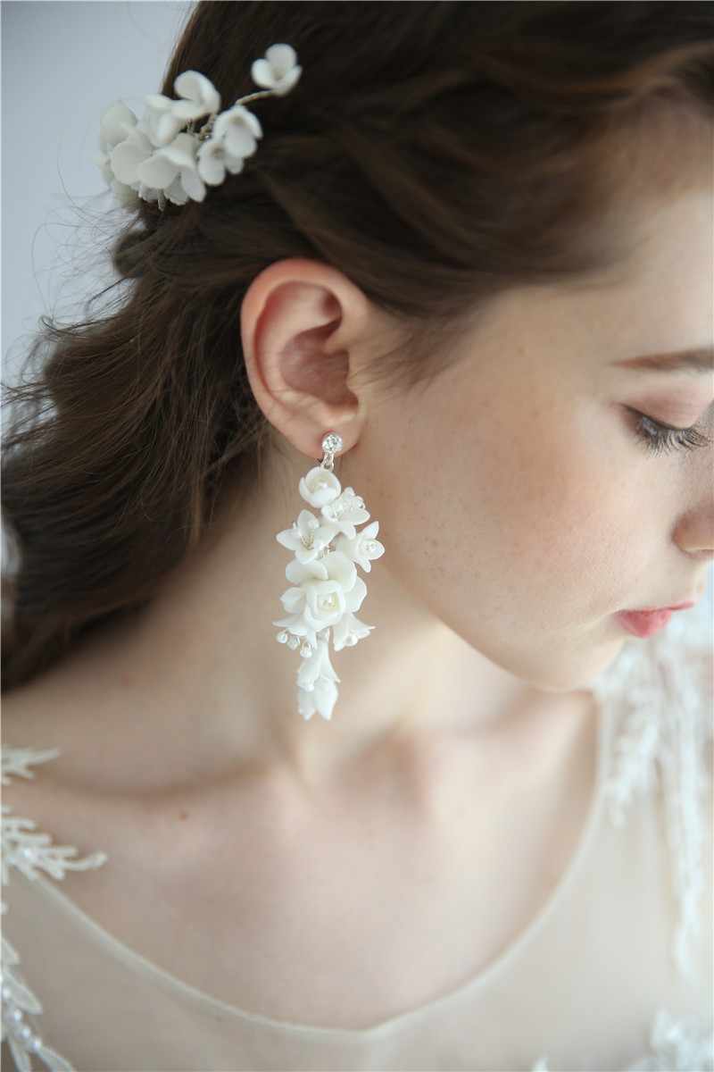 White Ceramics Flower Headwear Bridal Wedding Hair Comb Earring Set 