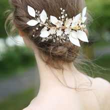 Handmade Gold Leaves Wedding Hair Accessories Bride Crystal Headdress Rhinestone Pearls Hair Clip For Women 