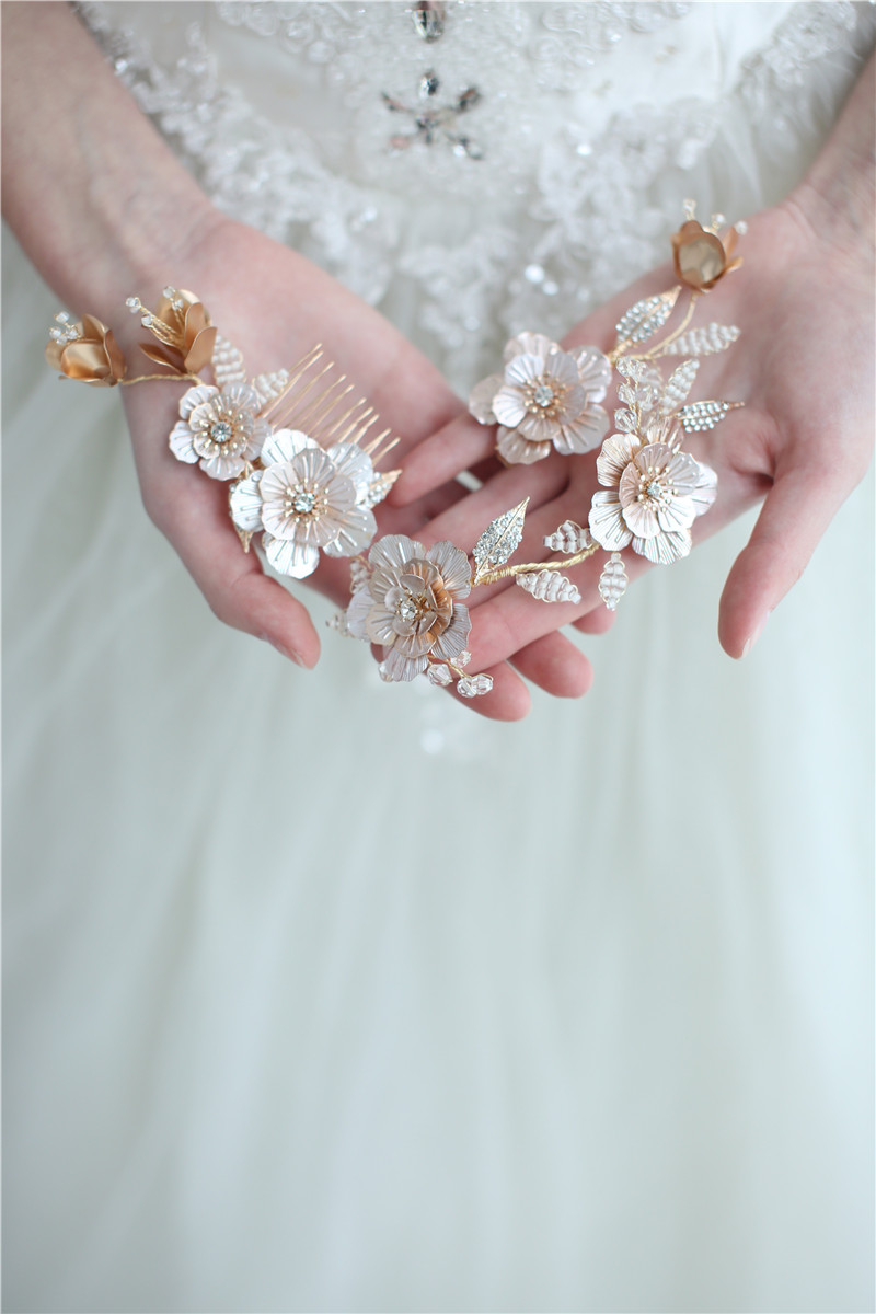Gold Leaf Flower Hairband Bridal Crystal Wedding Hair Accessories Hair Clips Comb