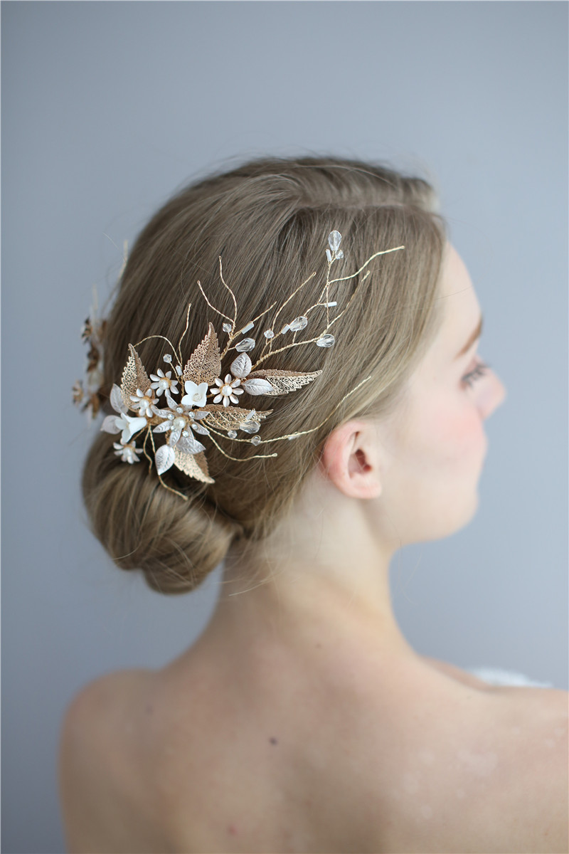 Gold Leaf Floral Bridal Hair Jewelry Handmade Wire Prom Headpiece Accessories Clip 