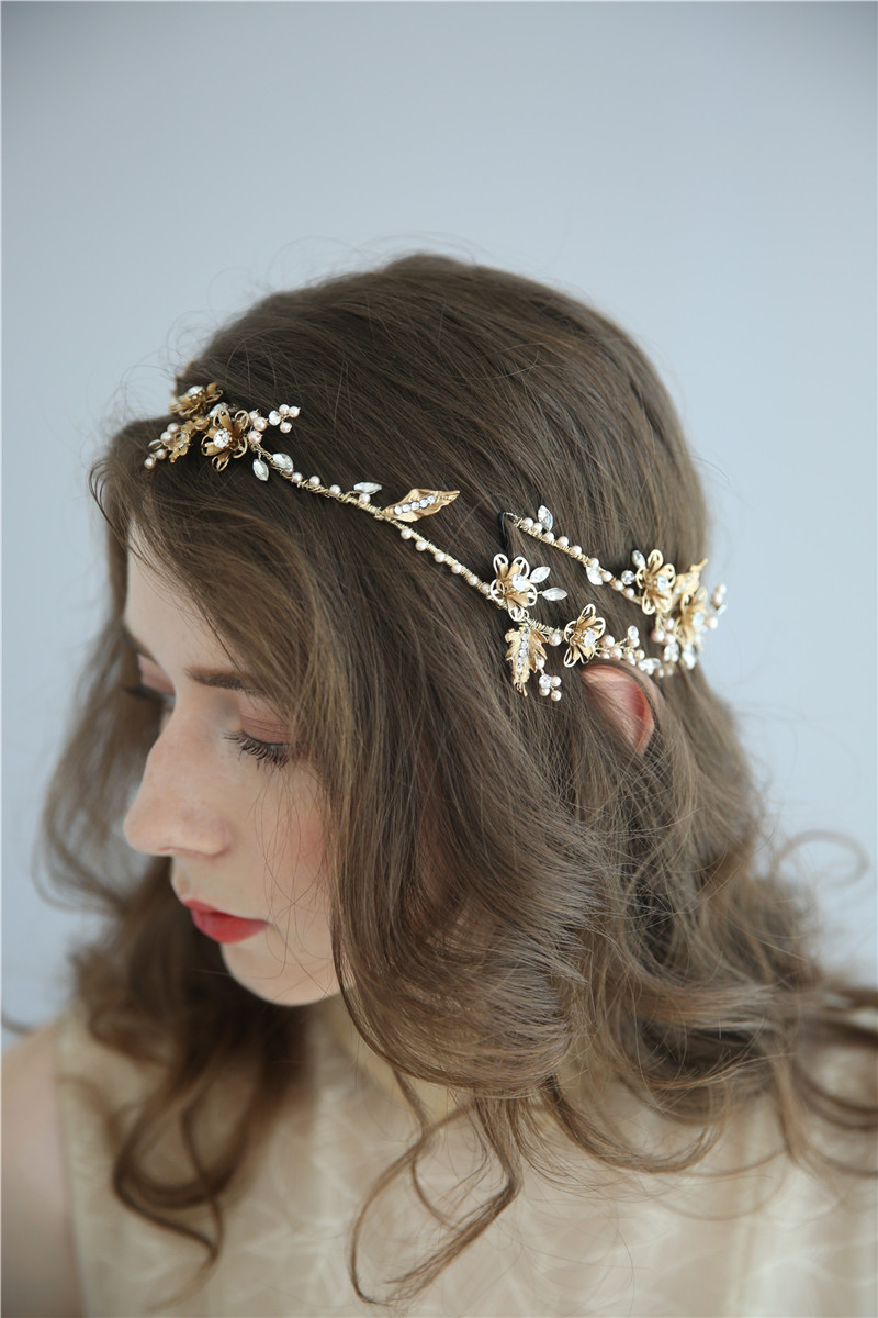 Retro Gold Floral Pearl Crystal Bridal Accessories Hair Jewelry Headpiece