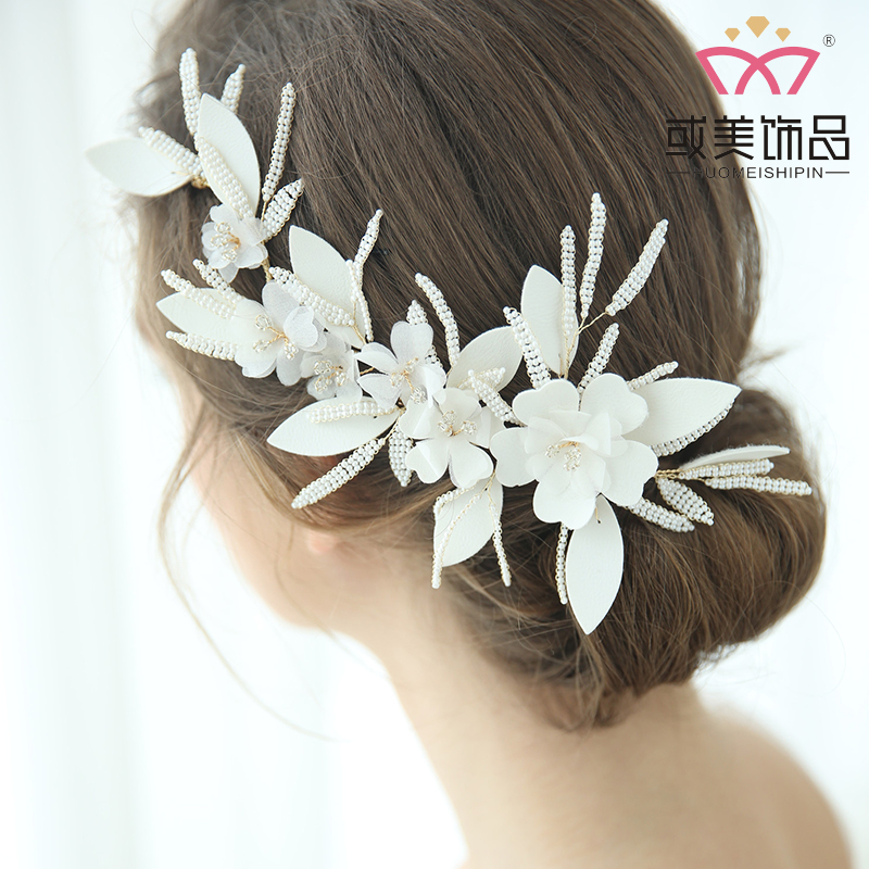 Wholesale Handmade Bridal Skin Flower Princess Side Headband Accessories Wedding Jewelry Hair Clip For Women 