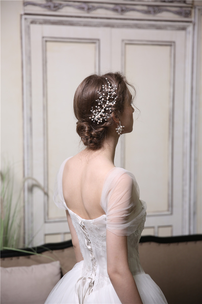 Women Wedding Silver Pearl Flower Jewelry Bridal Hair Clip Earring Set