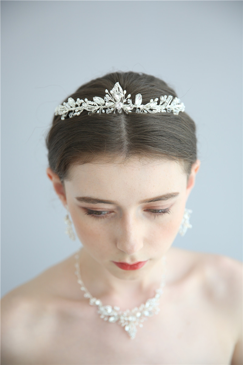 Handmade Bridal Crystal Pearl Necklace Earrings Crowns Wedding Jewelry Set