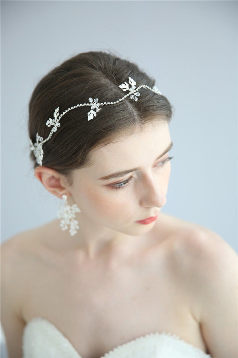 Flowers Hairband Pendant Earring Tiaras Gold Handmade Floral Bridal Headpiece Set