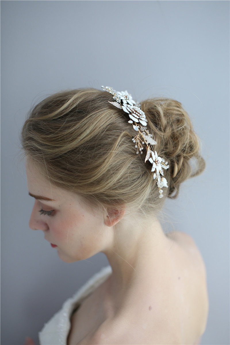 Elegant Fashion Flower Bridal Hairband Headdress Handmade Ceramics Wedding Beaded Women Hair Combs
