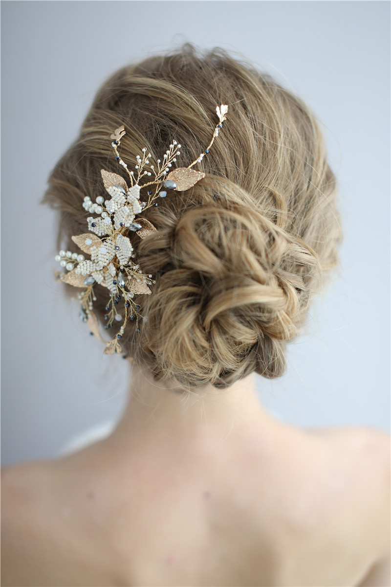 Bridal Pearl Headpiece Hair Accessories Beaded Flower Wedding Women Gold Leaves Hair Clips