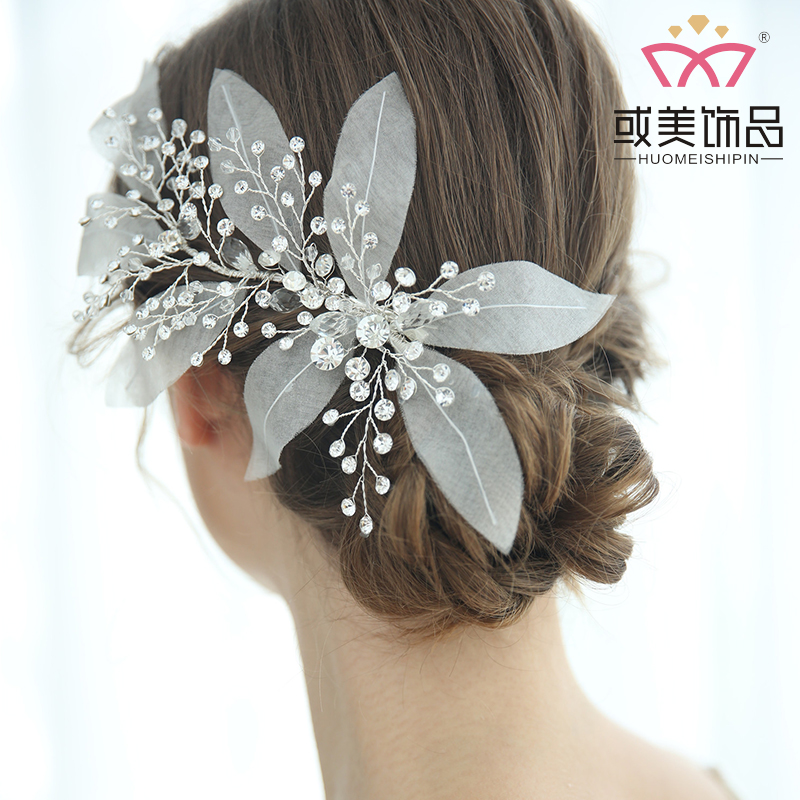 Handmade Big Silk Leaf Crystal Bridal Hair Accessories Jewelry Wedding Headdress Hair Clip For Women 