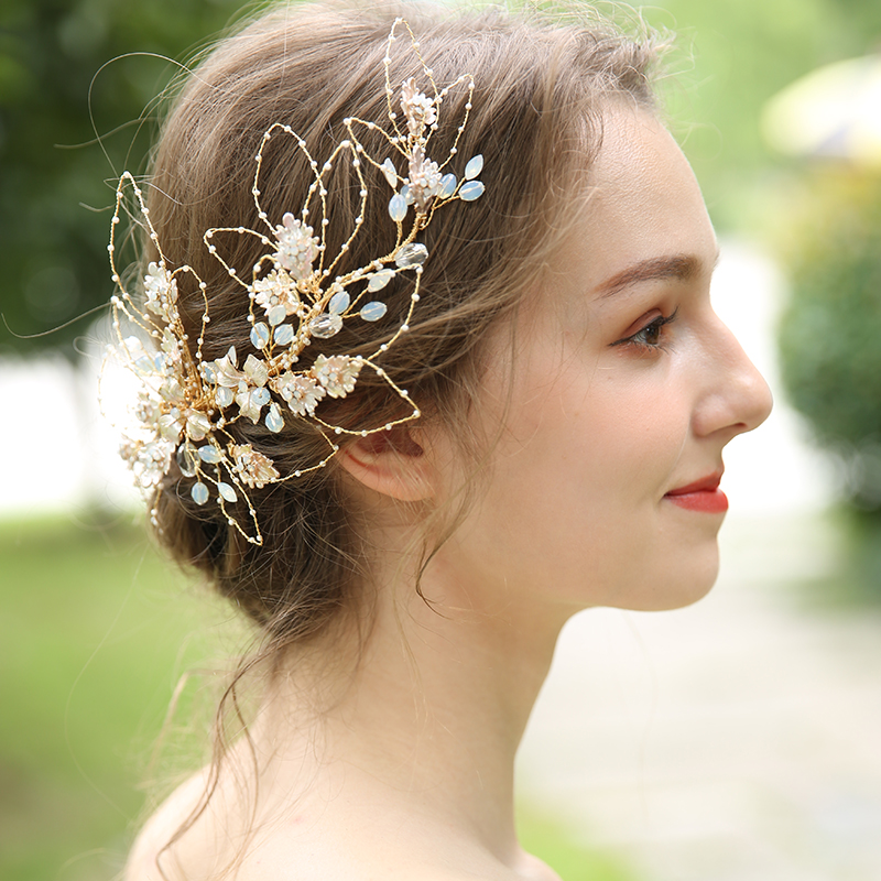 Handmade Crystal Bride Hairband Jewelry Luxury Gold Leaf Wedding Bridal Hair Vine Clip Accessory 