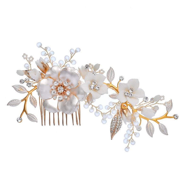 White Ceramic Flowers Wedding Hair Jewelry Accessories Bridal Gold Leaf Flower Hairband