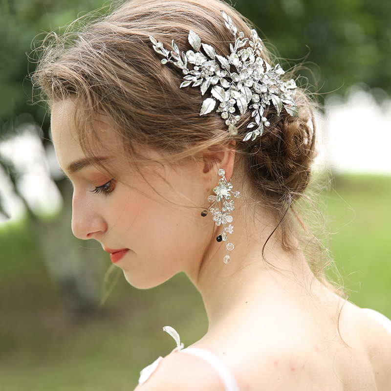 Handmade Fancy Silver Bridal Hair Jewelry Accessories Metal Crystal Leaf Hairgrip Hair Clips For Girl