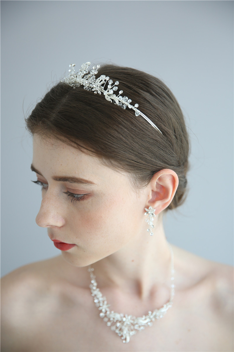 High Quality Bride Wedding Crystal Necklace Crown Earrings Jewelry Set