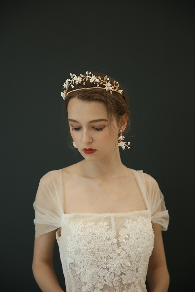 Women Jewelry Tiara Porcelain Flower Crystal Wedding Bride Crown Earring Set