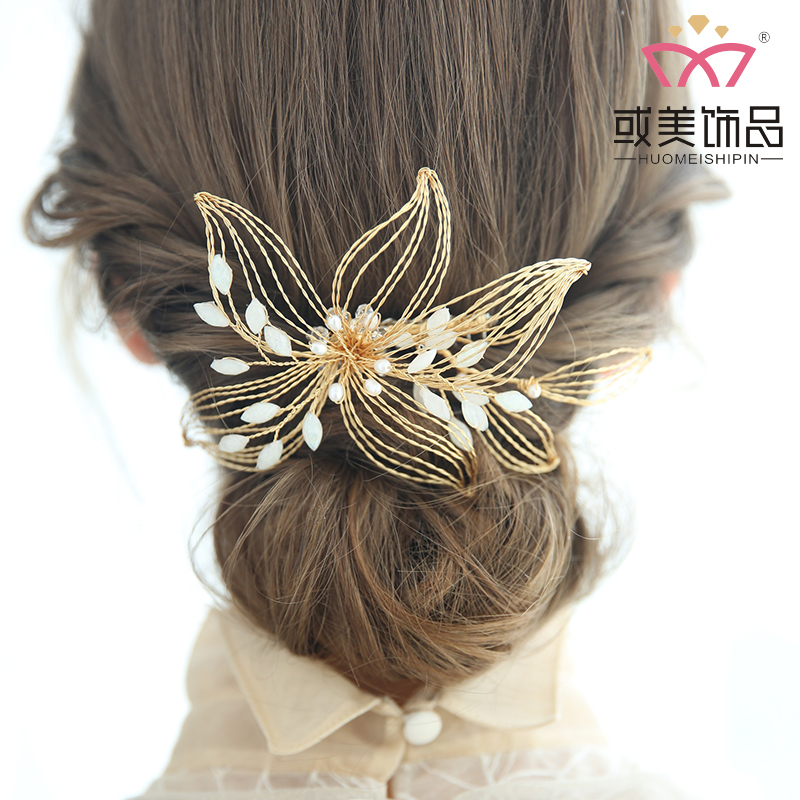Handmade Golden Copper Wire Hair Jewelry Headdress Bridal Wedding Crystal Pearl Hair Combs For Women