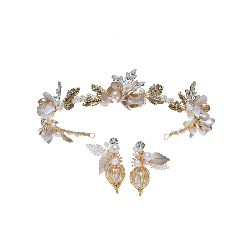 High Quality Gold Tone Leaves Peal Wedding Headband Headpiece And Earrings Jewelry Sets