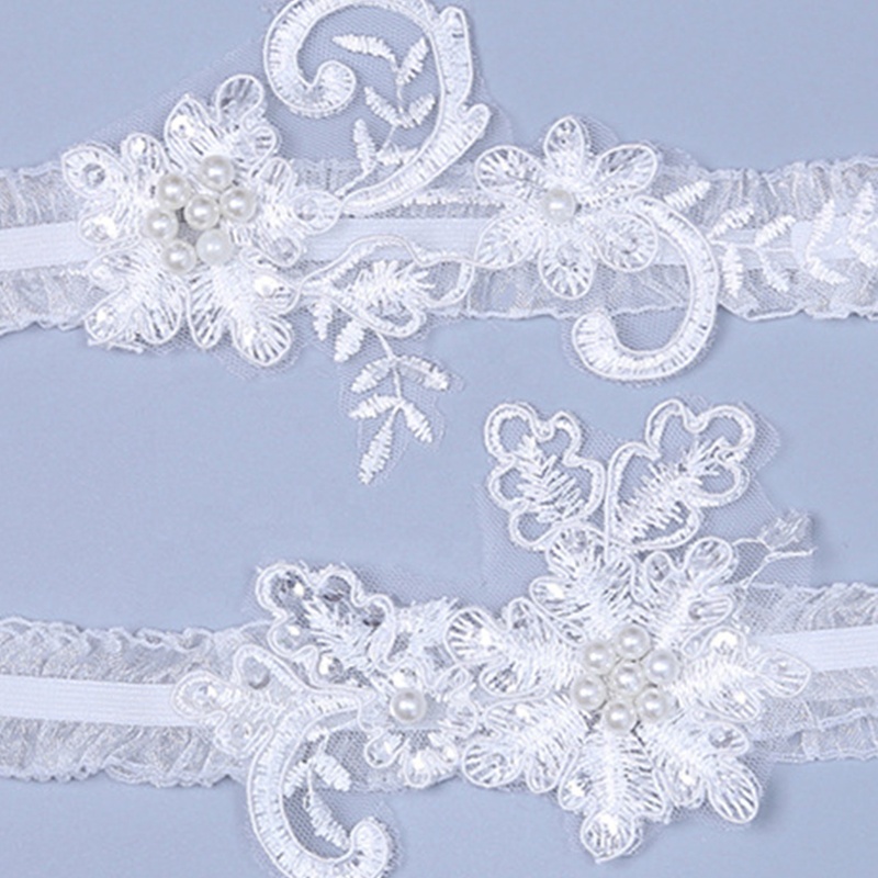 Sexy Elastic Pearl White Lace Applique Floral Wedding Garters