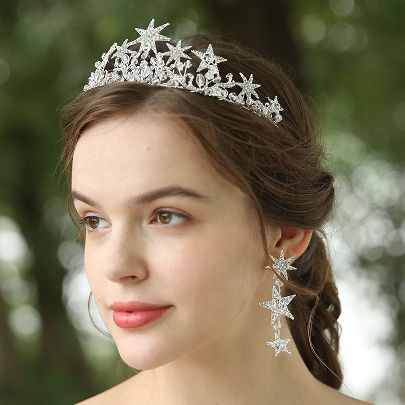 Gorgeous Silver Rhinestone Star Celestial Inspired Bridal Headpiece Jewelry Set Wedding Crown Earrings