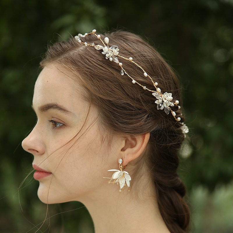 2020 Pure Wedding Pearl Hair Bands Hair Vine Flower Rhinestone Earrings Jewelry Set For Bride