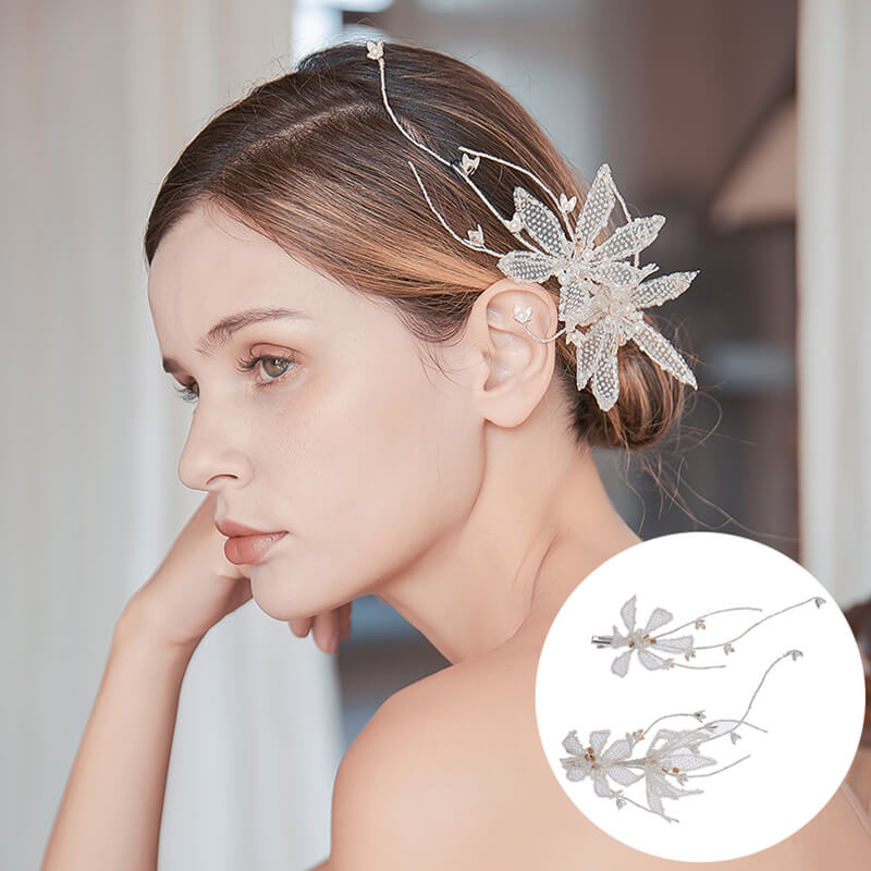 Handmade Mesh Pearls Crystal Wedding Headdress Bridal Flower Hair Clips