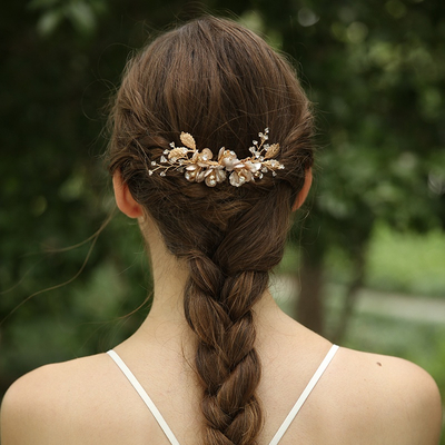 Handmade KC Gold Rhinestone Flower Leaves Wedding Bridal Hair Comb 
