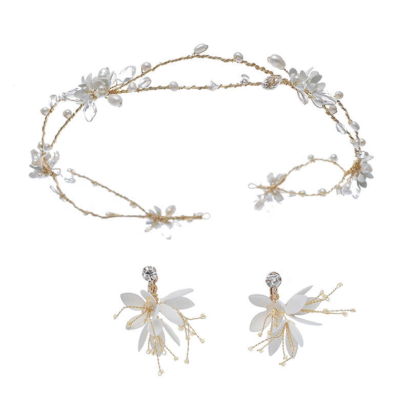 2020 Pure Wedding Pearl Hair Bands Hair Vine Flower Rhinestone Earrings Jewelry Set For Bride