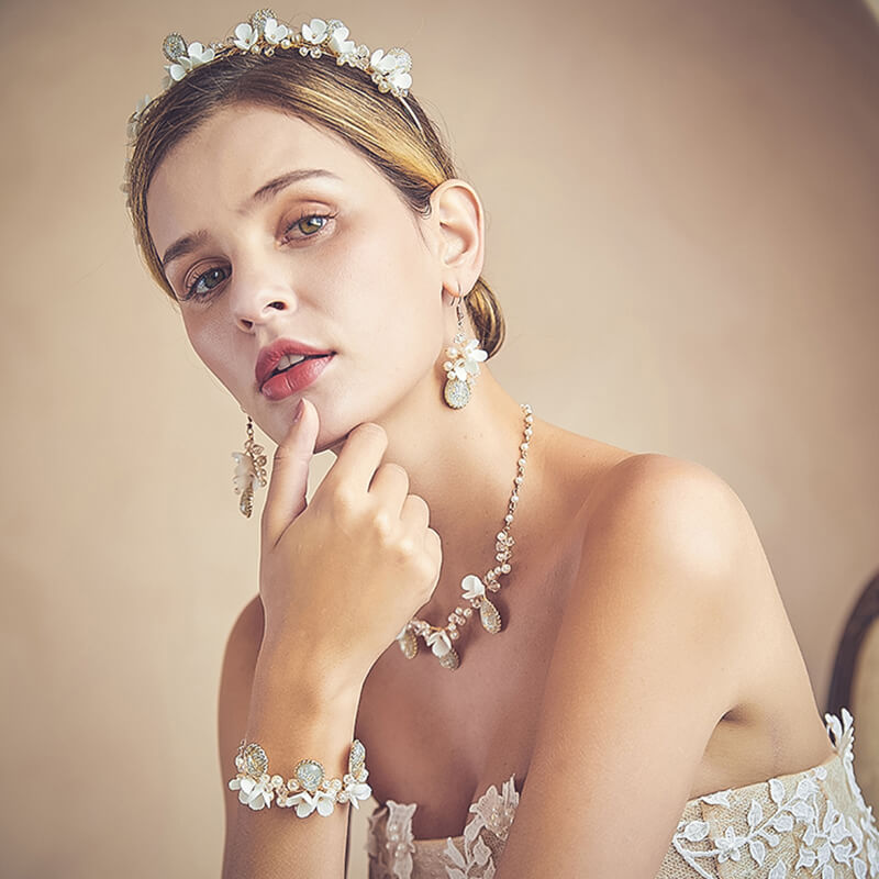 Handmade Ceramics Flower Pearls Bride Headdress Pendant Necklace Earrings Bracelet Jewelry Set