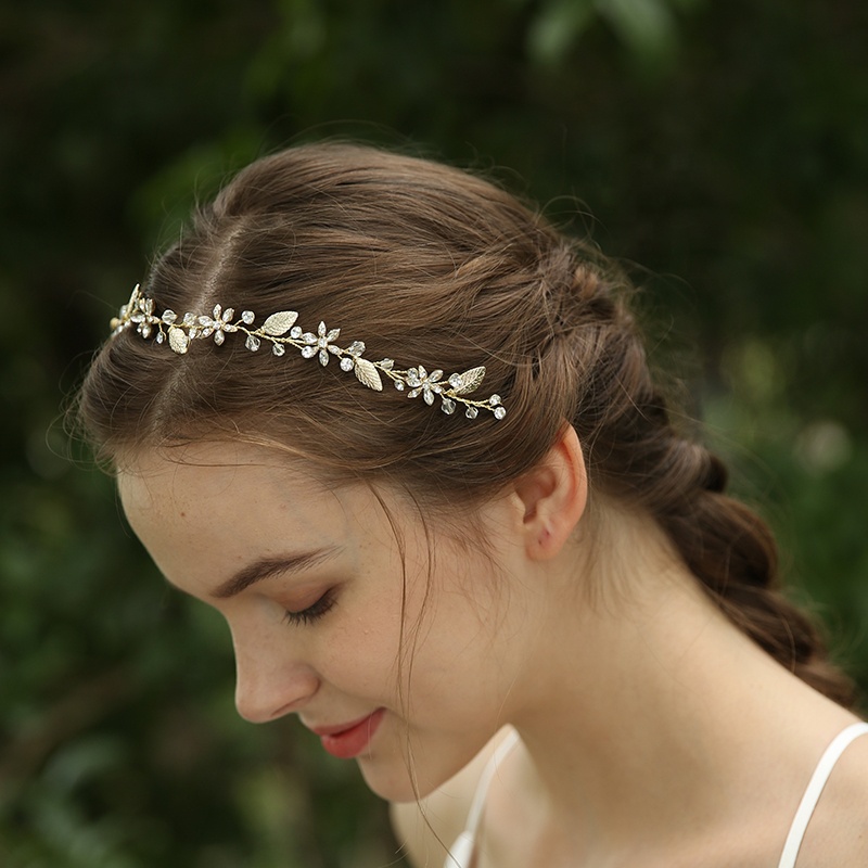 OEM Handmade Bridal Gold Leaf Design Headpiece Crystal Wedding Vine Tiara Headband