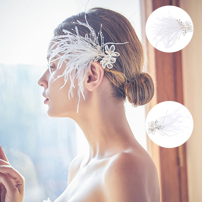 Fancy Handmade Bride Crystal Flower Hair Jewelry Accessories Wedding White Feather Hair Clips