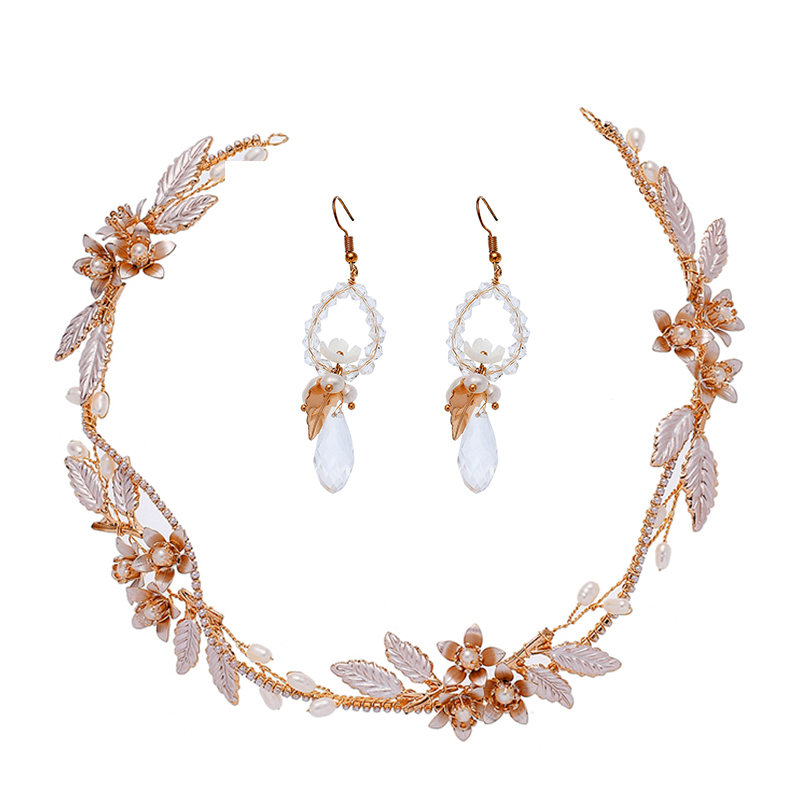Handmade Bridal Headdress Hook Earrings Gold Leaves Flower Freshwater Pearl Bride Hairband Headpiece