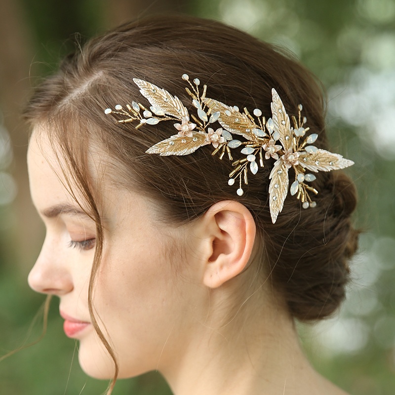 Bright Handmade KC Gold Hair Clips Copper Leaf Flower Ornaments Girls Headdress