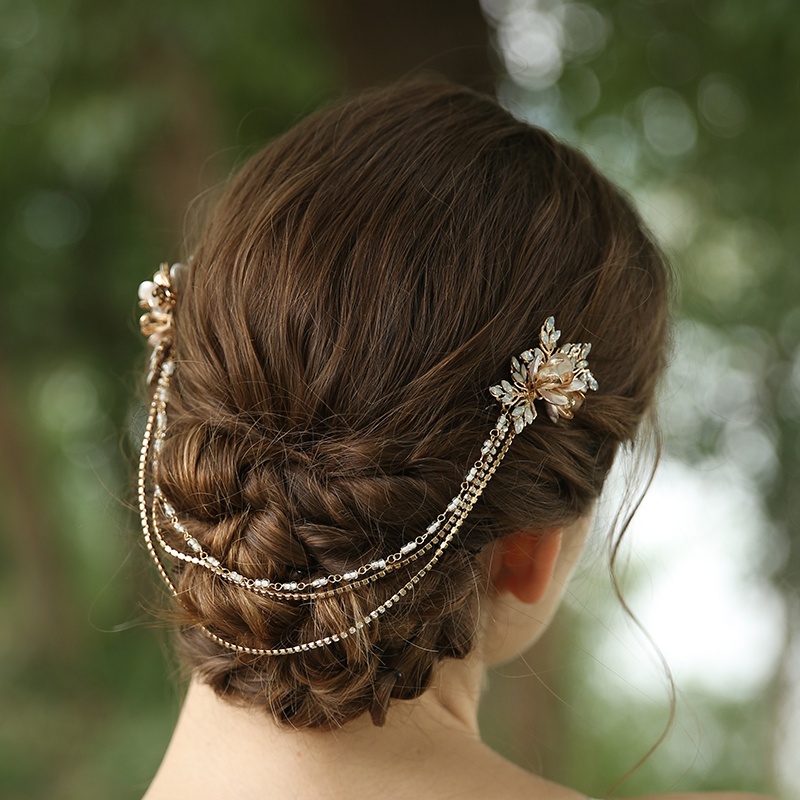 2020 New Chain Design Bridal Jeweled Rhinestone Flower Veil Hair Comb