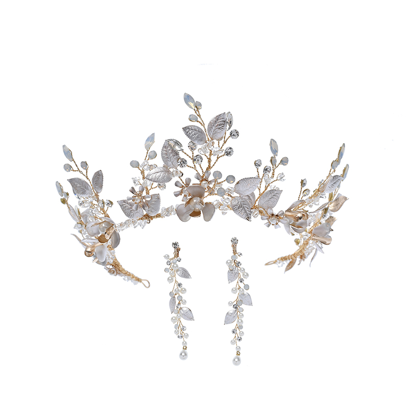 Wholesale Copper Flowers Crown Pearl Rhinestone Leaves Earrings Wedding Jewelry Set
