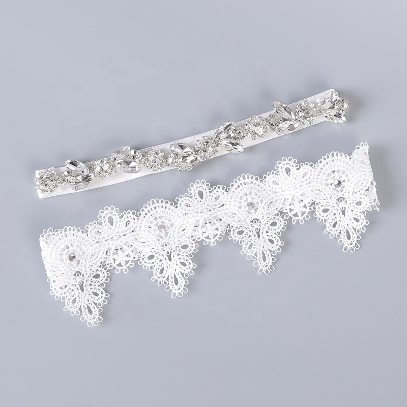 Bridal Crystal 2 Pieces Wedding Garter Set White Lace Embroidered Flowers Garters