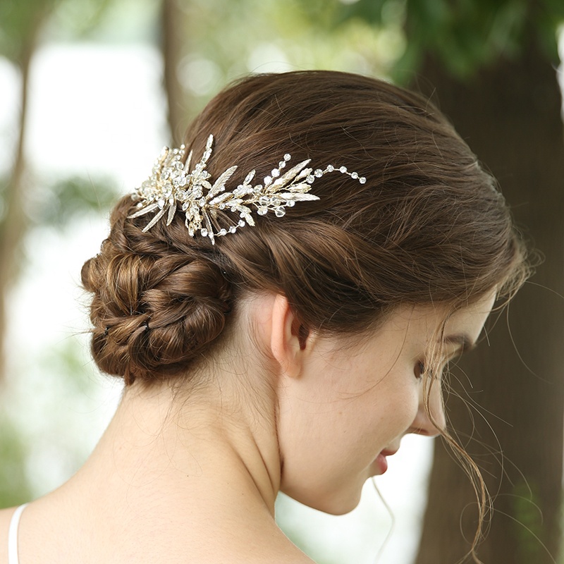 Custom Gold Rhinestone Leaves Barrette Hair Clips Bridal Accessories