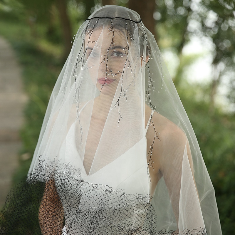 Handmade Black Lace Drop Long Bridal Veil Crystal Vine Headdress White Bridal Veils