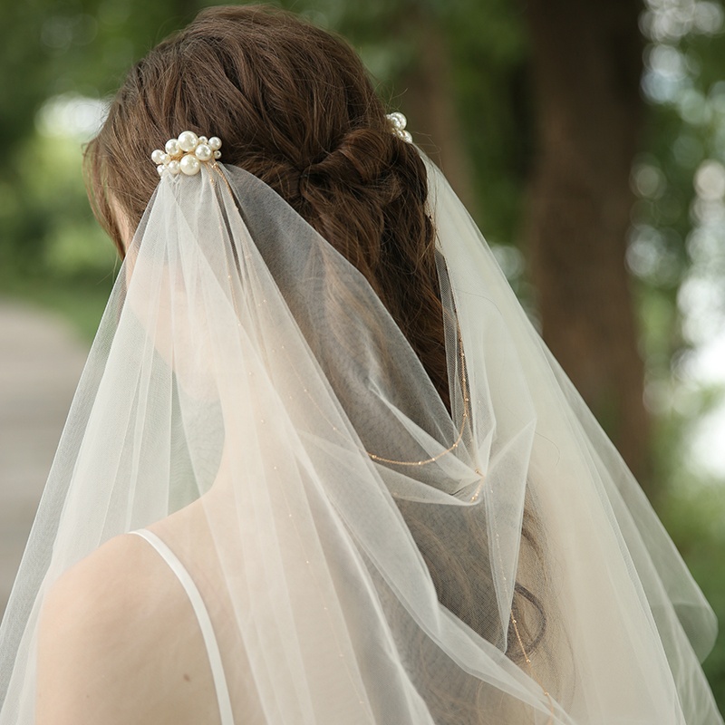 Modern Unique Chain Decorated Ivory Pearl Soft Tulle Wedding Bridal Veil