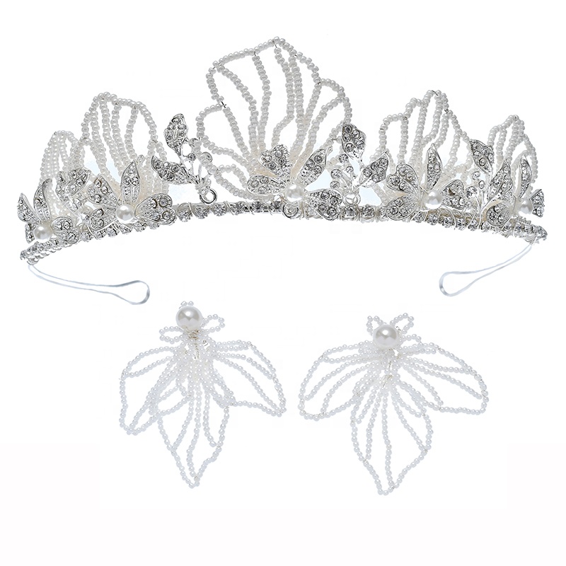 Elegant Pearl Beads Earrings Crown Headwear Jewelry Set