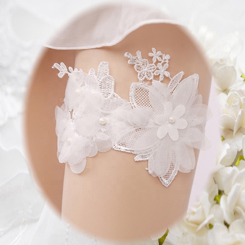 Fashion Women White Lace Pearl Floral Garter For Wedding Bride