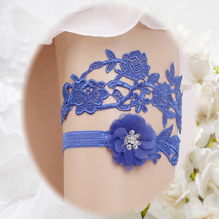 Sexy Elastic Rhinestone Blue Lace Applique Wedding Bridal Garter Set