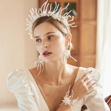 Women Luxury Crystal Pearl Silver Leaves Earring Bracelet Jewelry Set Handmade Bridal Flower Princess Crown Tiaras