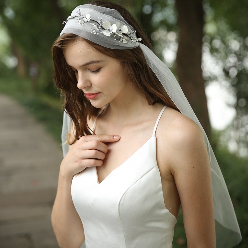 Fashion Handmade Bridal Flower Decorated Crystal Rhinestone Headband Bride Lace Veils